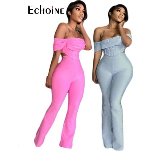 Echoine Summer 2021 Woman Solid Sexy Off The Shoulder Short Sleeve Pleated Crop Tops With Flare Pants Slim Two Piece Set Outfits