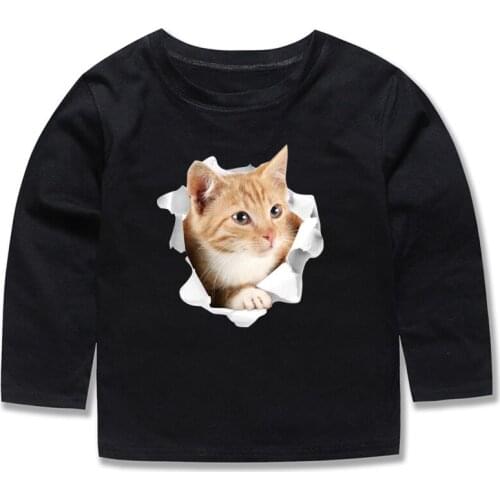New 2019 Full Sleeve Cotton Boys Black Cat T Shirts Girls 3D Dog Print Tees Children Clothes Baby Wears Boys Tshirts