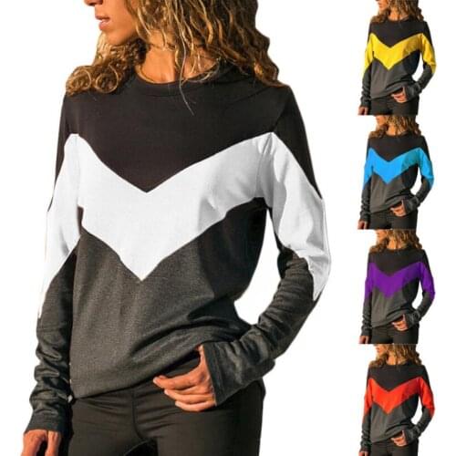 Casual T-shirt spring autumn womens tops hit color round neck long-sleeved self-cultivation stitching female pullover shirt