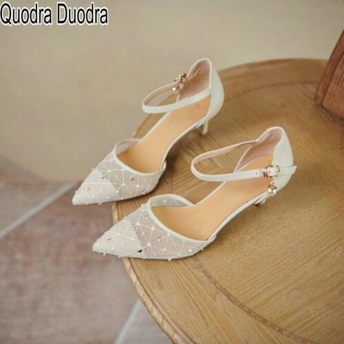 New summer Sandals women shoes Mesh thin high heels pumps Lady Female buckle fashion pointed toe party Genuine Leather 36 40