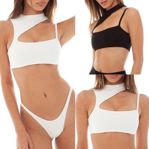 Sexy Summer Womens Polyester Halter Crop Tops Sleeveless Spaghetti Strap Solid Color Cutout Camisole