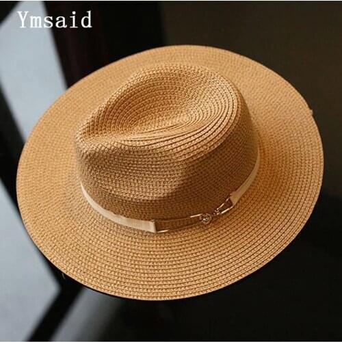 2018 Summer Sun Hat Ladies Wide Brim Metal Belt Straw Hats Panama Cap Women Solid Color Hat