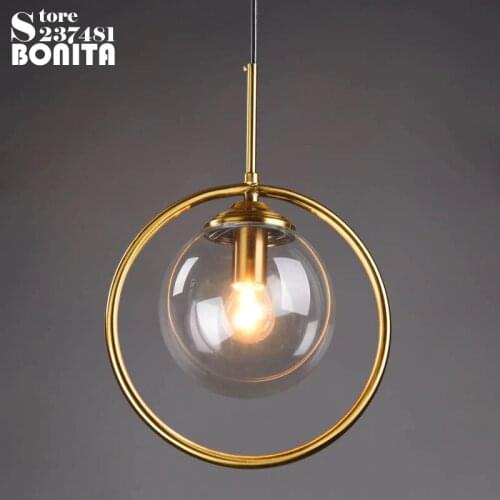 Glass round ball copper ring hanging lamps vintage Brass circle globe led pendant lights Clear Grey Amber glass droplight