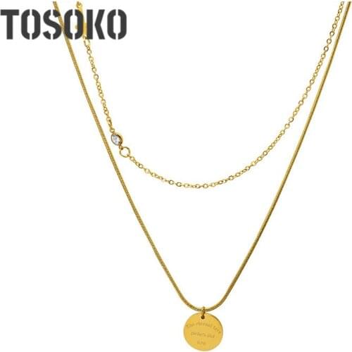 TOSOKO Stainless Steel Jewelry Cross Zircon English Snake Bone Chain Double Cecked Round Brand Clavicle Necklace