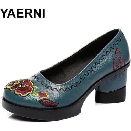 YAERNISpring Women Pumps Retro Embroider Lady 7.5CM High Heels Slip On Platform Hand Pumps Women Genuine Leather Shoes