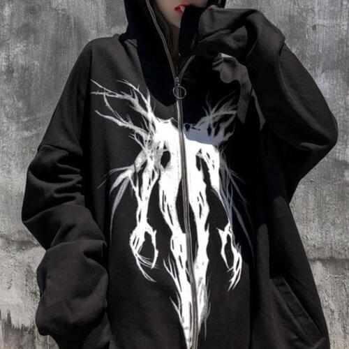 Punk Grunge Dark Print Zipper Ribbon Hooded Hoodie Women Casual Black Oversize Coat Grunge Harajuku Sweatshirt Streetwear Autumn