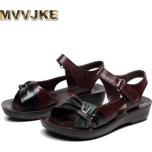 MVVJKE summer Mother shoes flat sandals women aged leather Soft bottom mixed colors fashion sandals comfortable old shoes