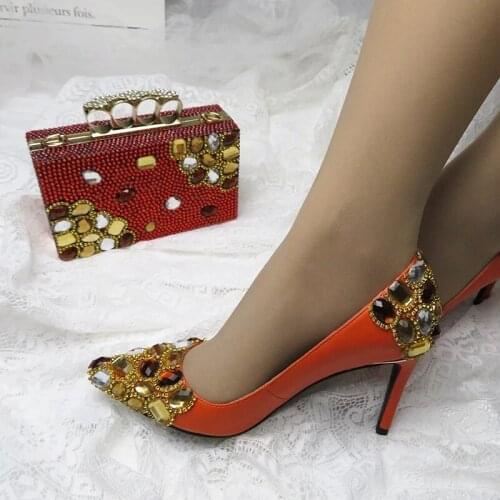 2021New Ladies Orange Crystal Pointed Toe High Heels Women Wedding Shoes With Matching bags Girl‘s Party Dress Thin Heels