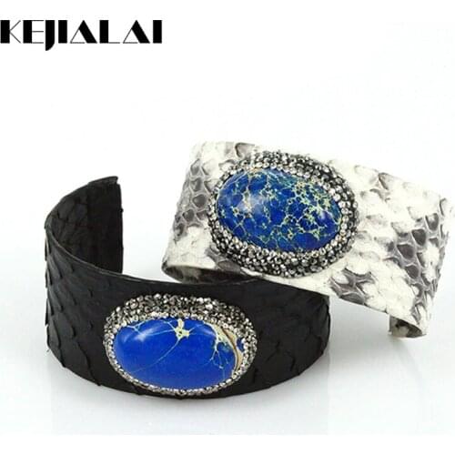 Punk Style Python Leather Bangle for Women Blue Sea Sediment Stone Imperial Pave with Silver Color Rhinestone Luxury Gift