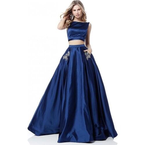 2 Pieces Blue Prom Dresses 2021 Sexy Backless Satin Pockets Shiny Crystal A Line Backless Long Wedding Guests Evening Gowns New