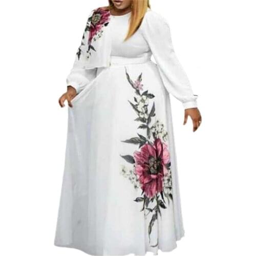 2021 New Autumn Women Dress Flower Print Pleated Large Hem Maxi Dress Ankle-Length O-Neck High Waist Chiffon Dress Sundress