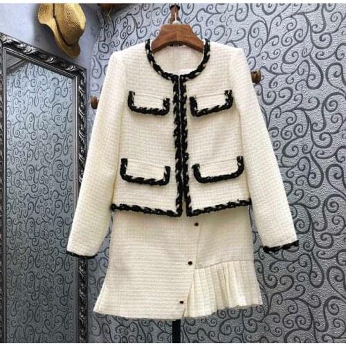 High Quality Tweed Wool Sets 2021 Winter Women Color Block Binding Patchwork Long Sleeve Wool Coats+Pleated Mini Warm Skirt 2pc