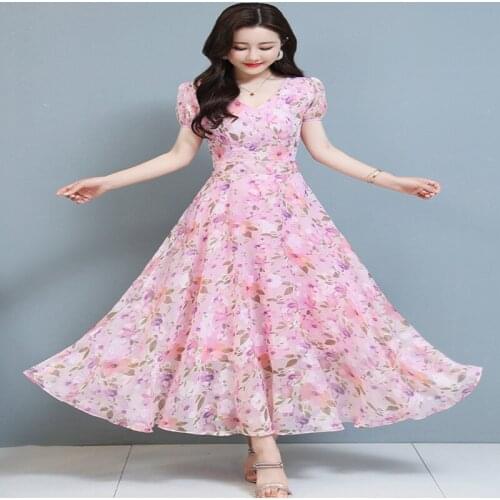 High Quality 2021 Summer Dress For Women V Collar Floral Printed Short Sleeve Women Chiffon Long Dress