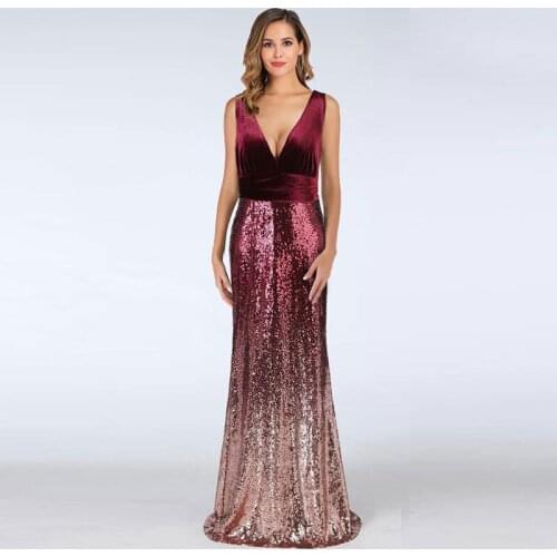 Beauty-Emily Hot V Neck Gradient Strapless Evening Dresses Long Mermaid Party Prom Gowns Sequins Backless robe de soiree Vestido