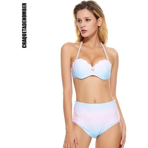 2021 High Waist Bikini Women Swimsuit Gradient Shell Bikini Set Push Up Swimwear Sexy Pearl halter Bathing Suits Swimming Suit