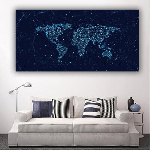 Abstract World Map Canvas Painting Background Blue Constellation Posters And Prints Wall Art Pictures Living Room Home Decor