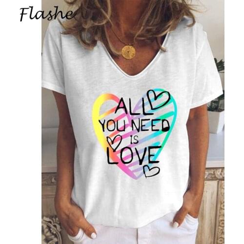 Free Postage Plus Womens Love Letter Printing Casual T-shirt Womens Summer Loose Cool T-shirt V-neck Cute Girl T-shirt