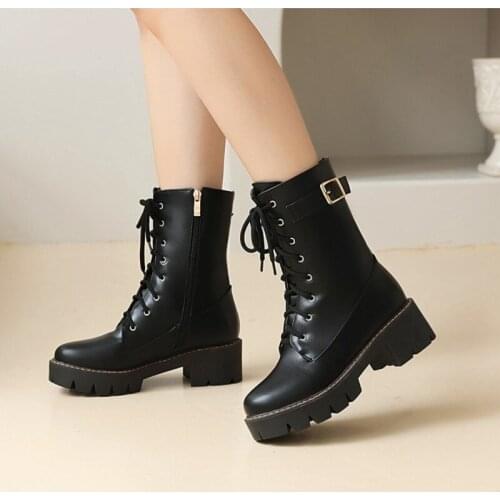 Women Ankle Lace Up Motorcycles Boots British Genuine Leather Ladies Zipper Med Square Heels Boots Female Platform Black Shoes