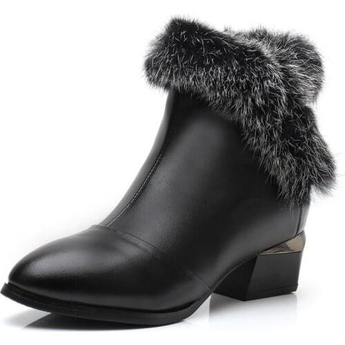 New Classic Fashion Rabbit Fur Decoration Genuine Leather Boots Winter Women Boots Thick Heel Comfort Warm Boots Trendy Shoes