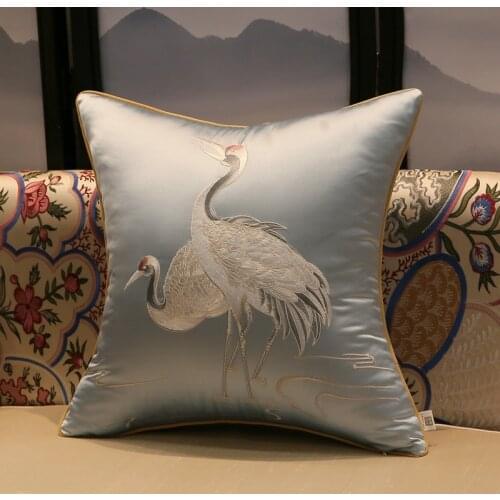 Luxury Crane Embroidered Home Throw Pillow Case Artistic Oriental Handicraft Chinese Style Upmarket Brocade Cushion Cover 40X60
