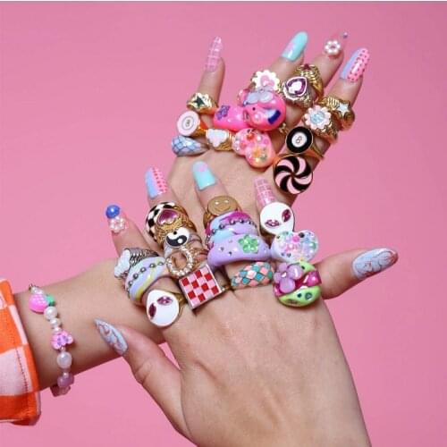 INS New Color Sweet Square Oil Drop Ring Fashion Creative Geometric Enamel Rings For Women Girl Hip Pop Style