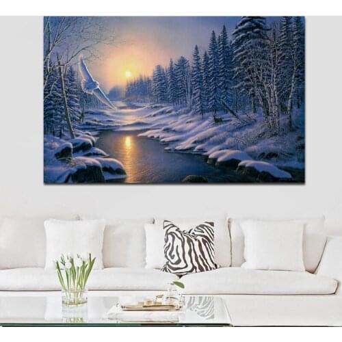 White owl painting winter forest sunrise nature landscape wallpaper 533FJ room home wall art decor wood frame poster