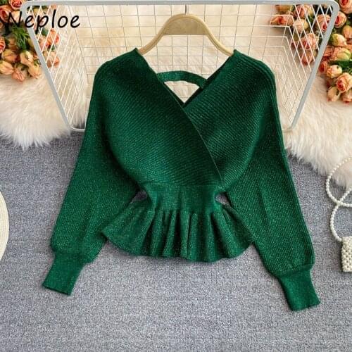 Neploe High Street Fashion Ruffled Short Knitted Shirts Women V-neck Bright Silk Sweater Female Early Autumn 2021 Slim Pullover