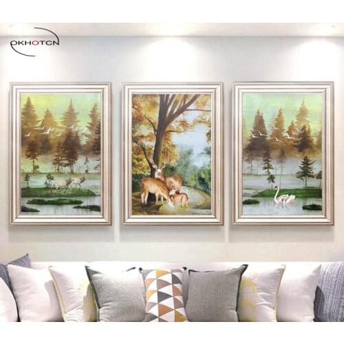 Unframed 3 Pieces/Set Swan Deer Family Animal Painting Wall Art Poster Modular Popular Pictures Prints Posters