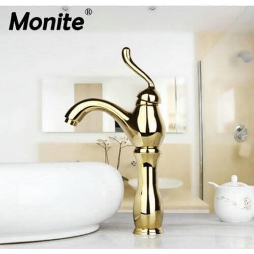 Monite Brightening Golden Brass Deck Mounted Single Handle Lavatory Wash Basin Sink Vessel Vanity Faucet Mixer Taps