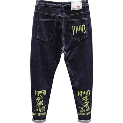 2020 New Arrival Summer Thin Jeans Men Embroidery Small Dark Blue Casual Long Straight Pants Appliques Full Length Homme God