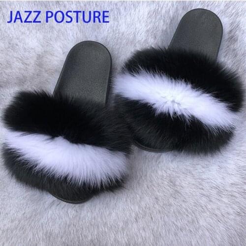 2020 fashion new Ladies Colorful Fox Fur Fluffy Slippers Lovely Plush Real Fox Hair Slides Party Furry Flip Flops z240