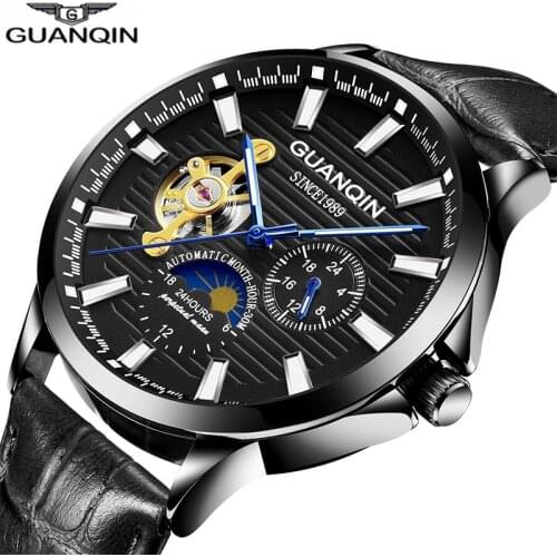 [Dropshipping] GUANQIN Automatic Mechanical Men Watch Luminous Moon Phase Leather Rose Gold Skeleton Business Men Wrist Watches