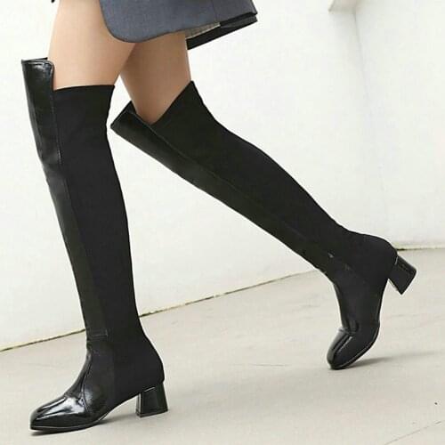 Female Stitching Stretch Knight Boots Comfortable Low-Heel Round Toe Zipper Shoes Lady Autumn Winter Patent Leather Thigh Boots