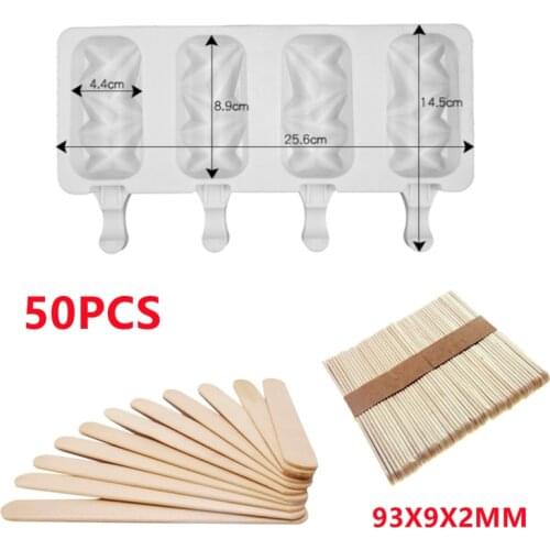 Silicone Ice Cream Molds 4 Cell Ice Cube Tray Food Safe Popsicle Maker DIY Homemade Freezer Ice Lolly Mould with Wooden Stick