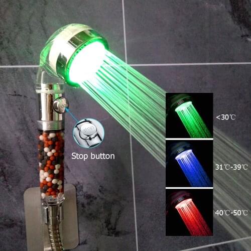 Bathroom LED Shower Head High Pressure Water Saving Shower Hand Anion Spa Filter Shower Head Colorful Lights With STOP Button
