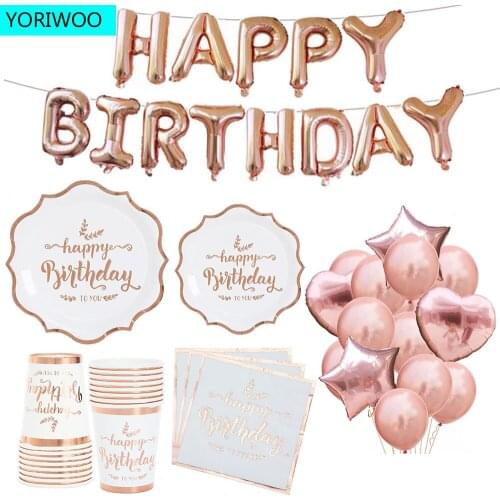 YORIWOO Rose Gold Disposable Party Tableware Oh Baby Shower Boy Girl Wedding Favors Happy Birthday Party Decorations Kids Adults