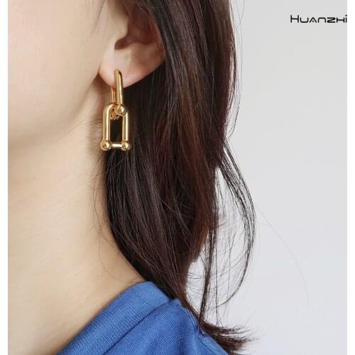 HUANZHI 2019 Hip hop Punk Trend U type Detachable personality Creative Metal Earrings for Women Girl Party Jewelry