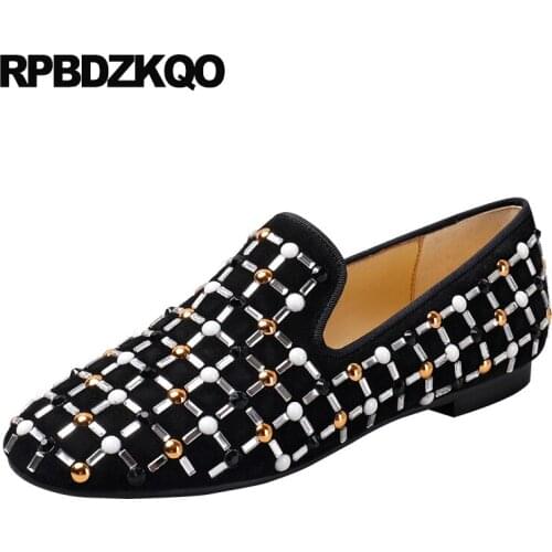 Pearl Ladies Beautiful Flats Shoes Rivet Black Stud Suede Diamond 10 Handmade Crystal Rhinestone Loafers Large Size 41 Women