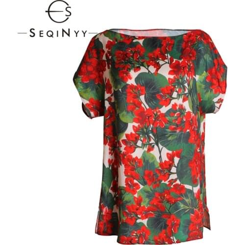 SEQINYY Loose Pullover 2020 Summer Spring New Fashion Design Women Red Hydrangea Flower Print T shirt