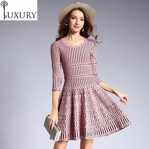 Quality Knitted 2020 High Spring Autumn Casual Sweater Women O-Neck Striped Patterns Slim Fit A-Line Dress Jumper