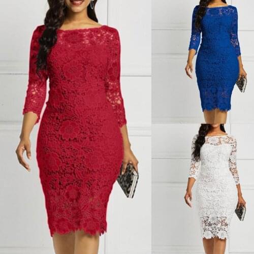 Women Round Neck Bodycon Three-quarter Sleeves Sexy Lace OL Knee-length Dress