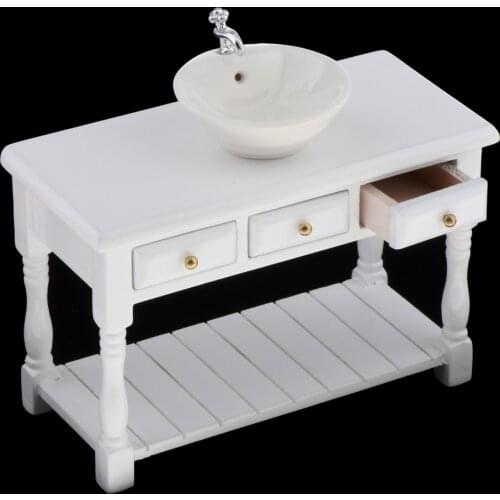 1:12 Dollhouse Miniature Ceramic Round Sink Bathroom Sink And Cabinet