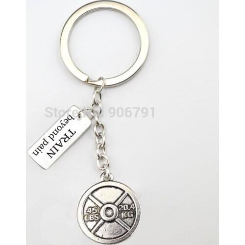 10pcs a lot Vintage Circle 45LBS 20.4KG Weight Plate and TRAIN beyond pain Charms sports Gym Key chain