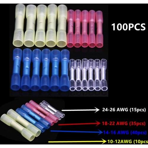 100Pcs Assorted Waterproof Heat Shrink Butt Connector Electrical Wire Terminal Insulated Crimp Connectors Seal Cable Butt Splice