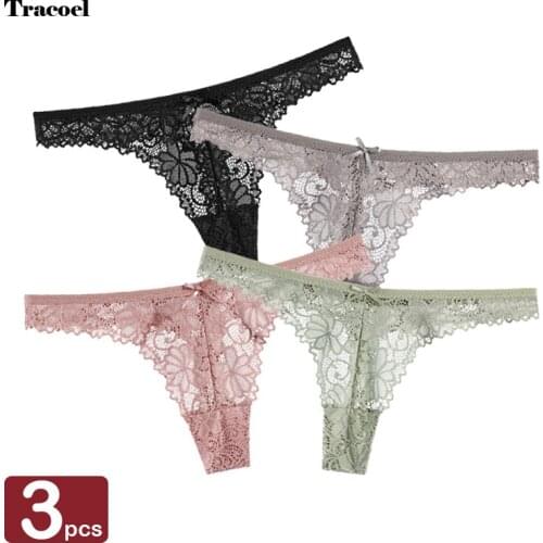 Tracoel 3Pcs Hollow Transparent Ladies Thong For Women Sexy Lace Low Waist T Pants Underwear Cotton Briefs Wholesale Lingerie