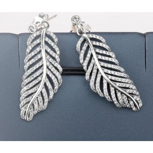 925 Sterling Silver Earrings with Clear CZ Hollow Feather Stud Earrings for Women Fine Jewelry Making
