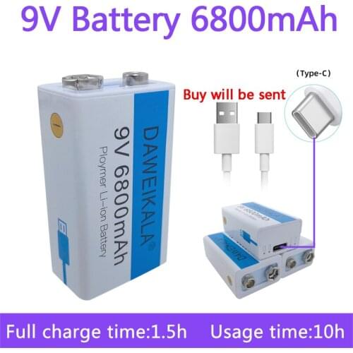 9V battery 6800mAh li-ion Rechargeable battery Micro USB Battery 9V lithium for Multimeter Microphone Toy +USB charging cable