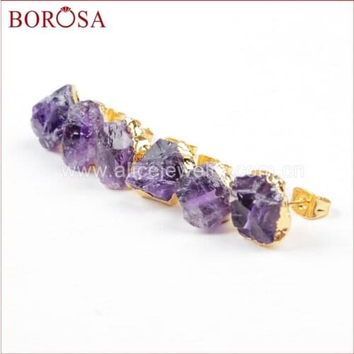 BOROSA 10Pairs Gold Color New Natural Free Shipping Raw Purple Crystal Druzy Earrings Fashion Drusy Women Earrings G1151