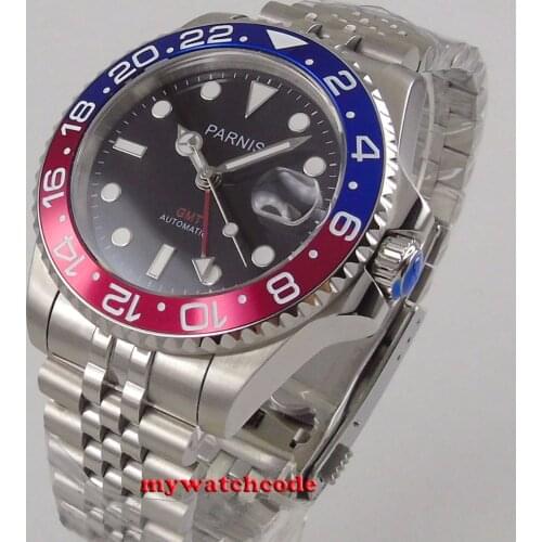 Parnis black dial 40mm Mechanical Watches GMT red blue Bezel Watch Automatic Stainless Steel Sapphire Mens Luxury Watch