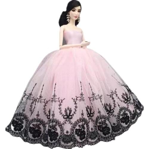 Elegant Pink Black Floral Multi Layer Lace 1/6 BJD Doll Outfits for Barbie Clothes Princess Wedding Dress Gown Accessories Toys